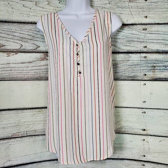 Maurices Women’s Sleeveless Blouse Large White Multicolor Striped Button Front - Picture 1 of 8